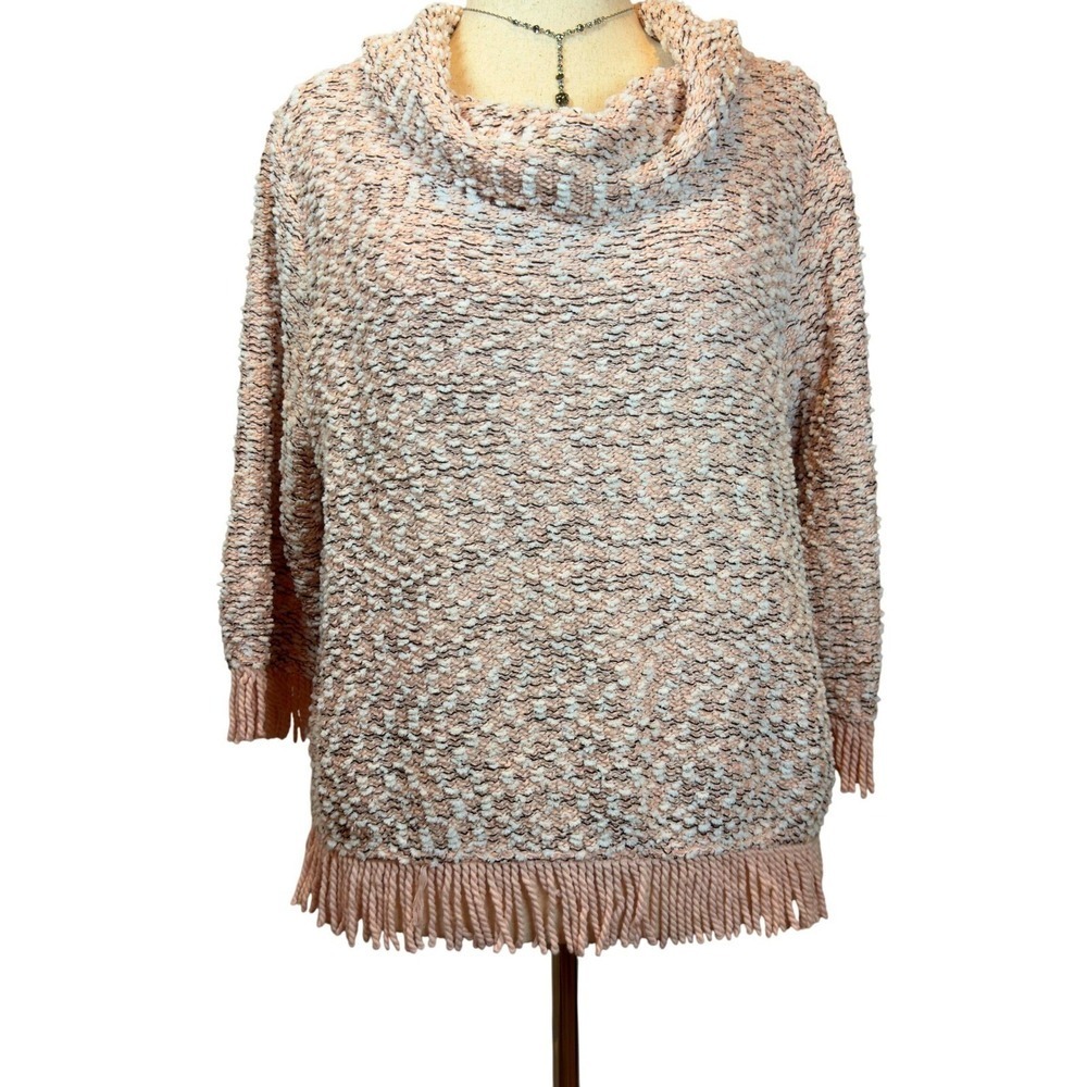 Cowl Neck Fringe Sweater XL Pink Gray White Textured Knit Cottage Cabincore Boho